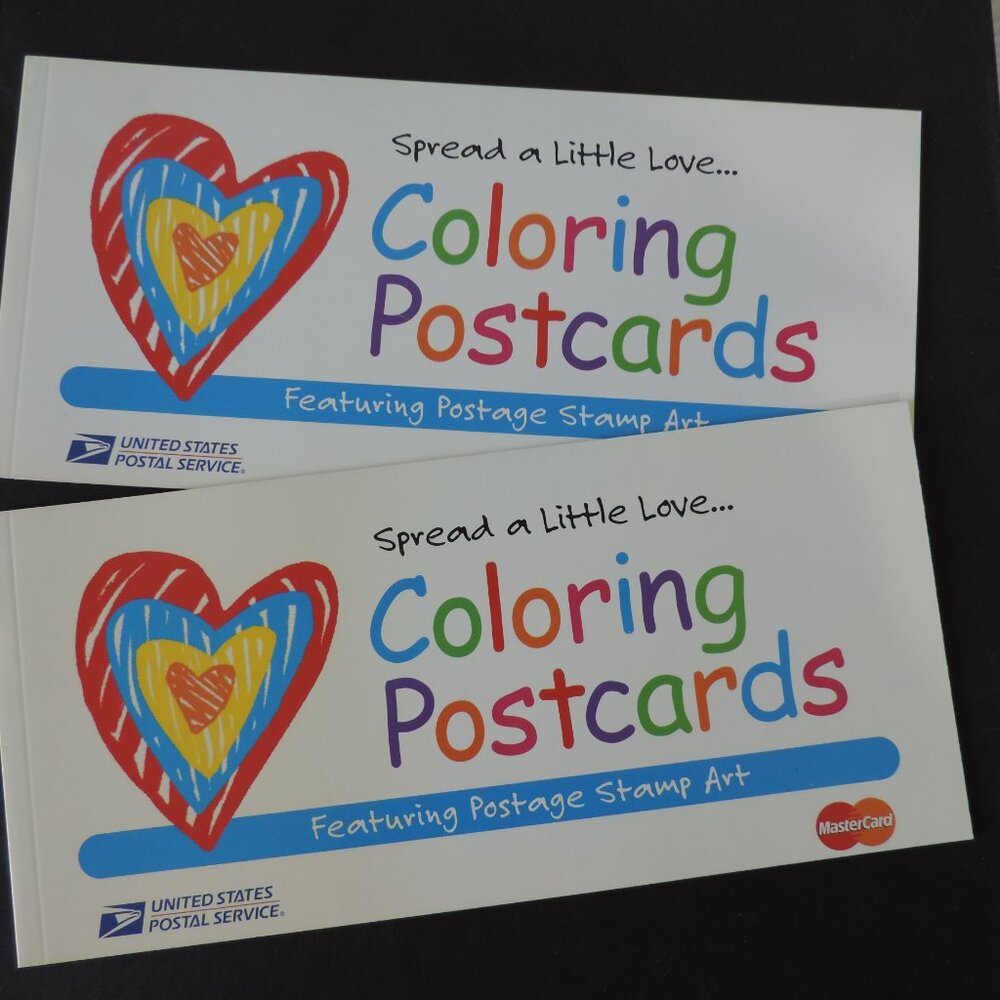 Two (2) USPS MC promo Coloring Postcards booklets Complete Vintage LOVE stamps
